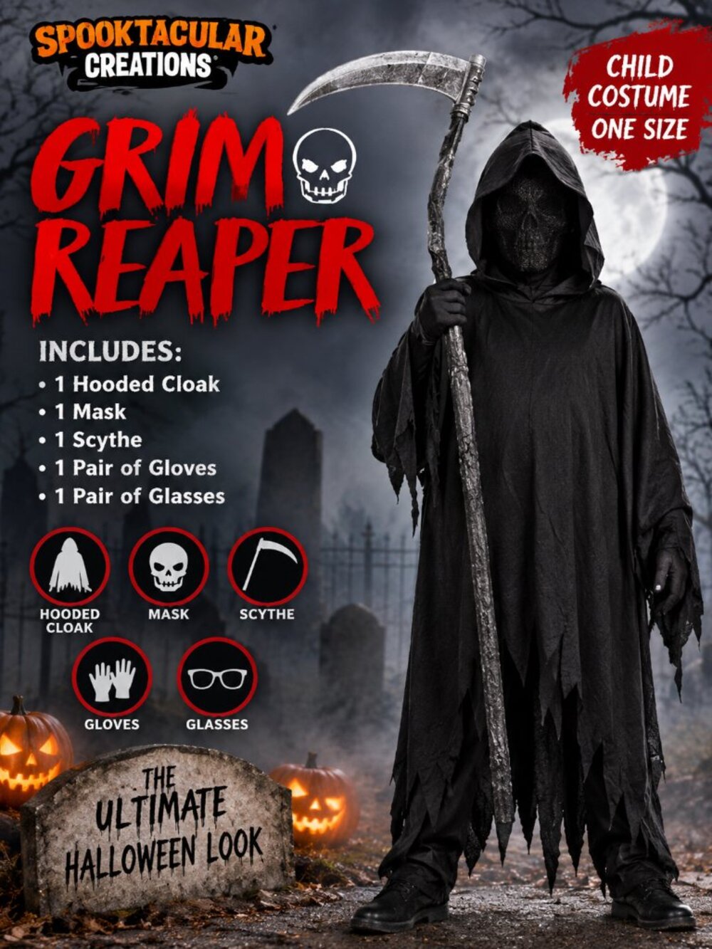 Spooktacular Creations Grim Reaper Kids Halloween Costume Hooded Cloak Mask